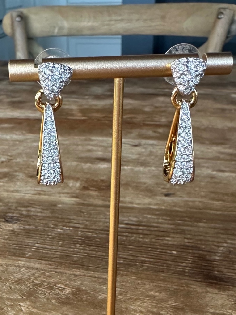 Swarovski Crystal Pavé Elongated Drop Earrings Gold Tone Statement Dangles